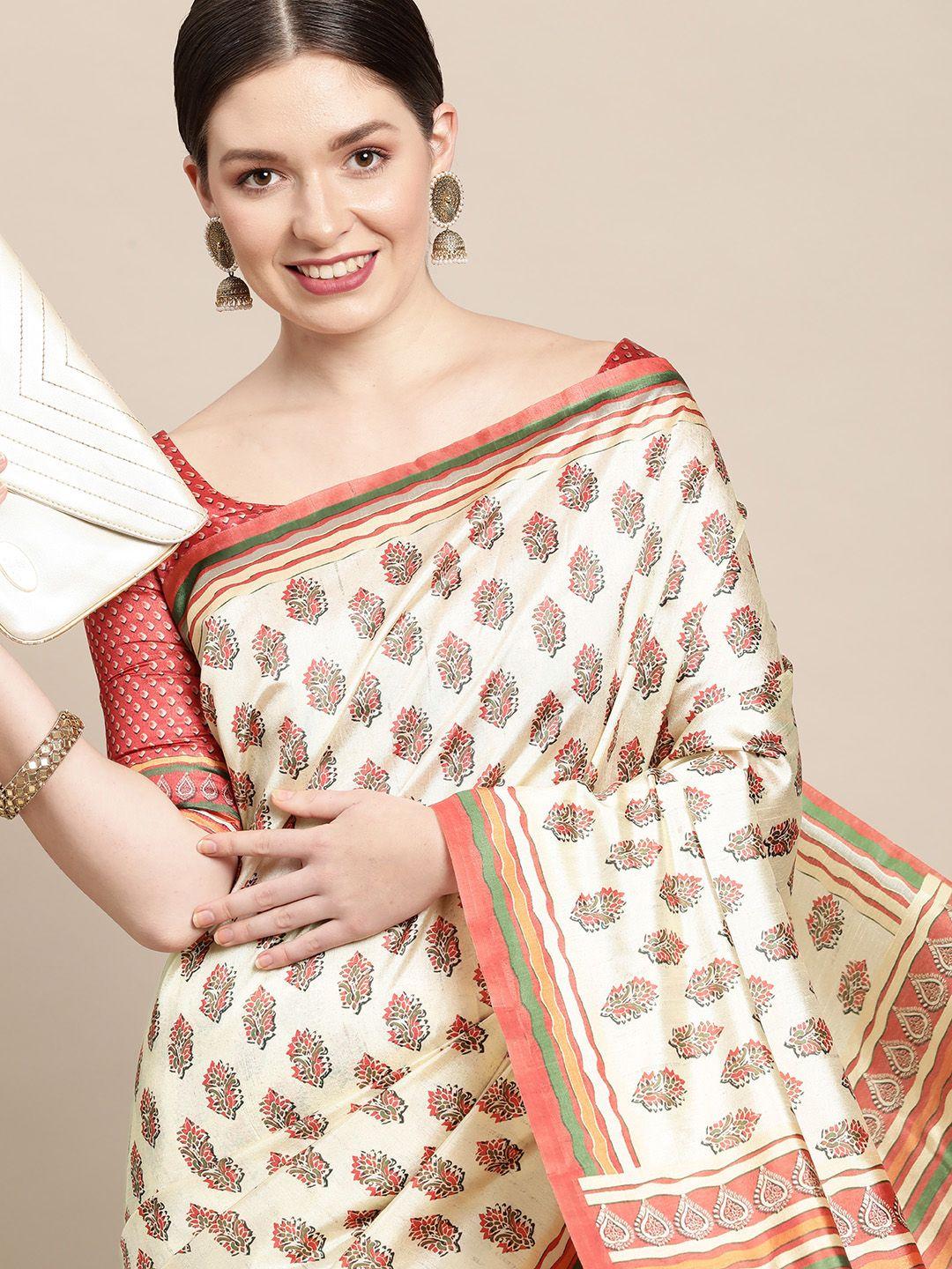 saree-mall-off-white-&-pink-ethnic-motifs-print-silk-blend-bagh-sarees