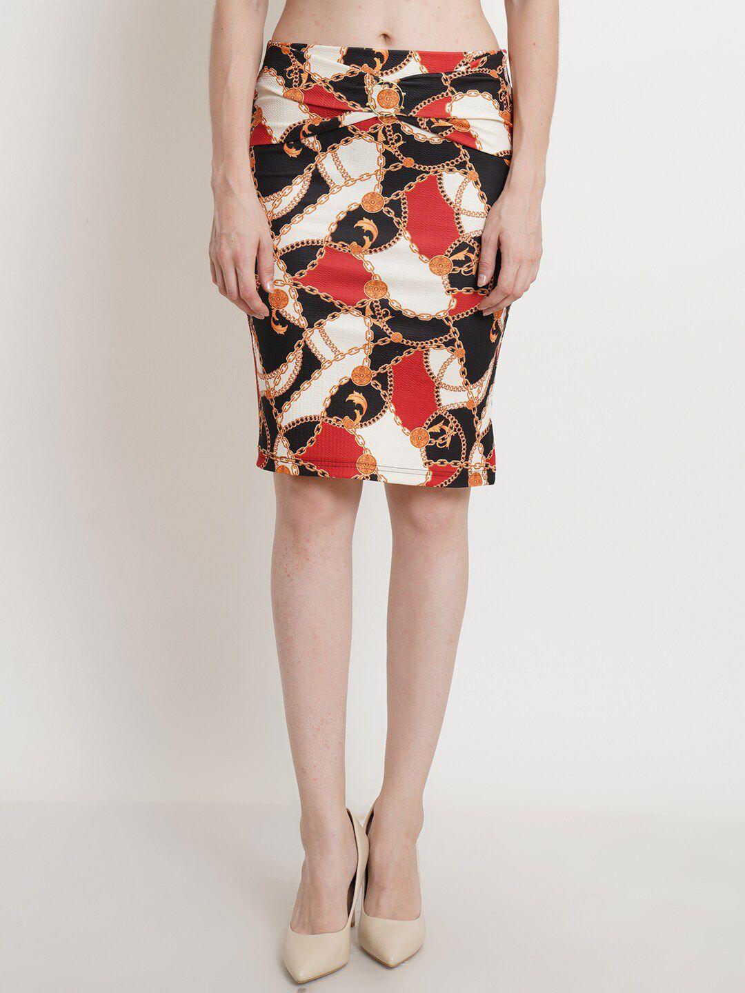 popwings-women-red-&-black-chain-printed-pencil-skirt