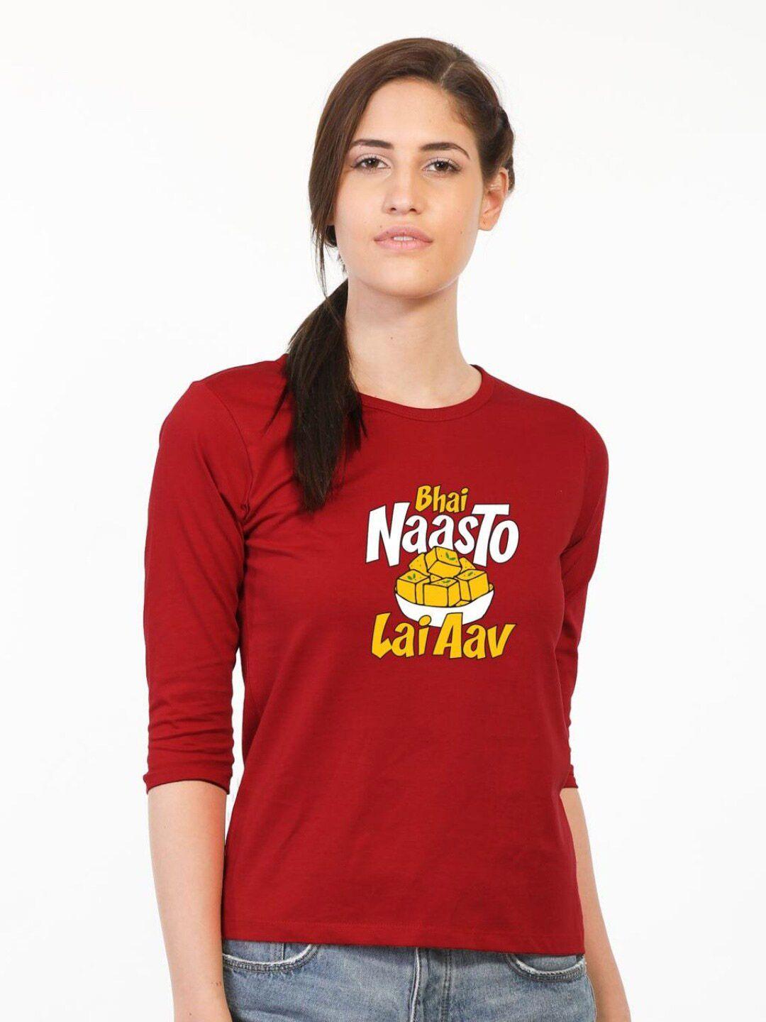Bewakoof Women Red Typography Printed Pure Cotton Slim Fit T-shirt