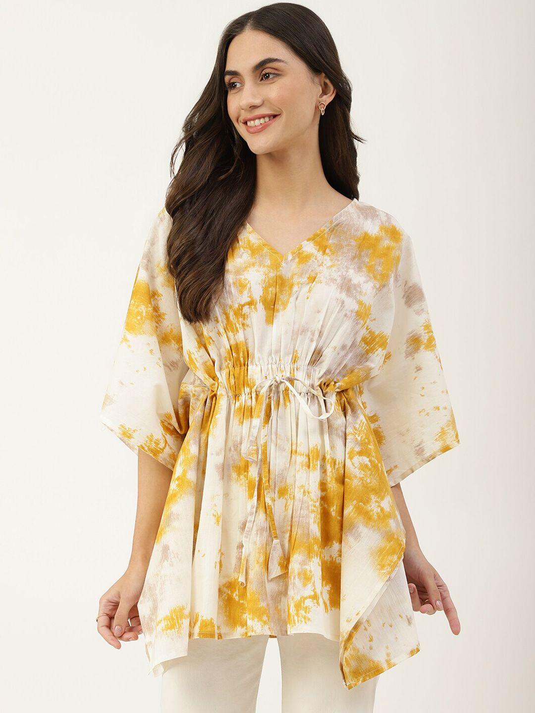 deckedup-yellow-floral-print-extended-sleeves-cinched-waist-longline-top