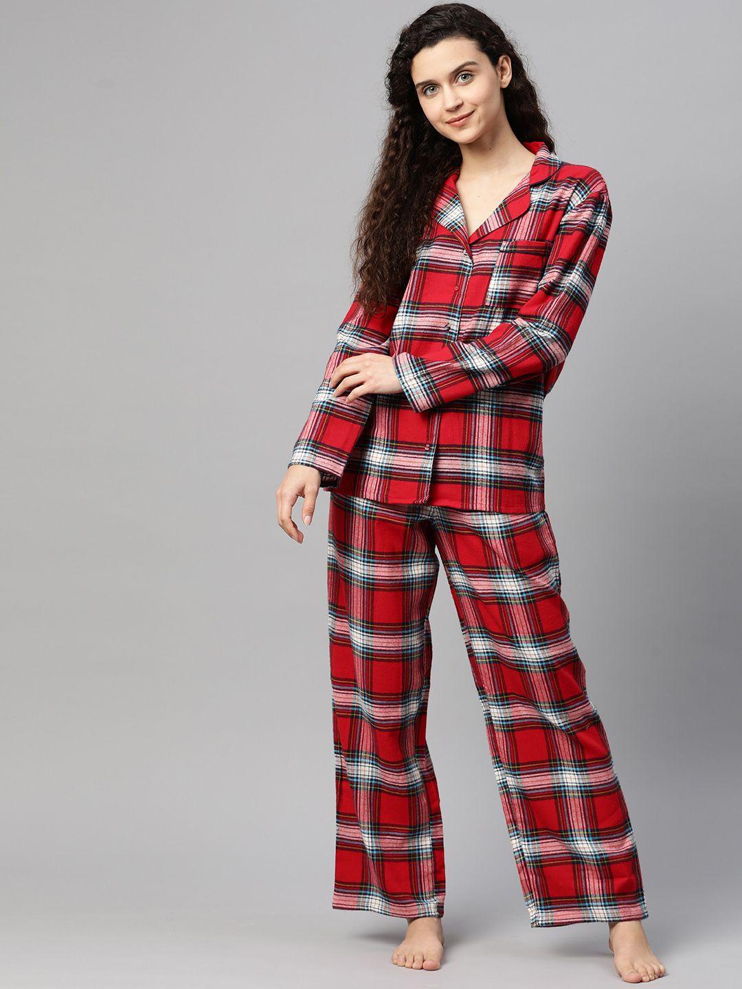 Marks & Spencer Women Red Checked Pure Cotton Night suit