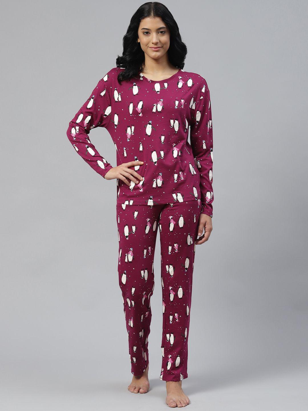 Marks & Spencer Women Burgundy & White Pure Cotton Conversational Print Pyjama Set