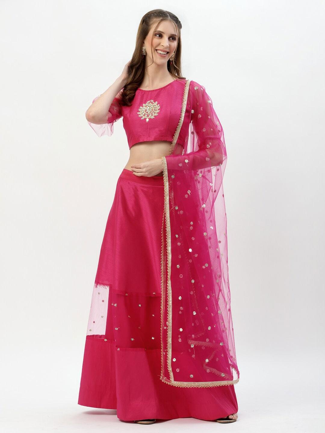 studio rasa Pink & Gold-Toned Embroidered Mirror Work Ready to Wear Lehenga & Blouse With Dupatta