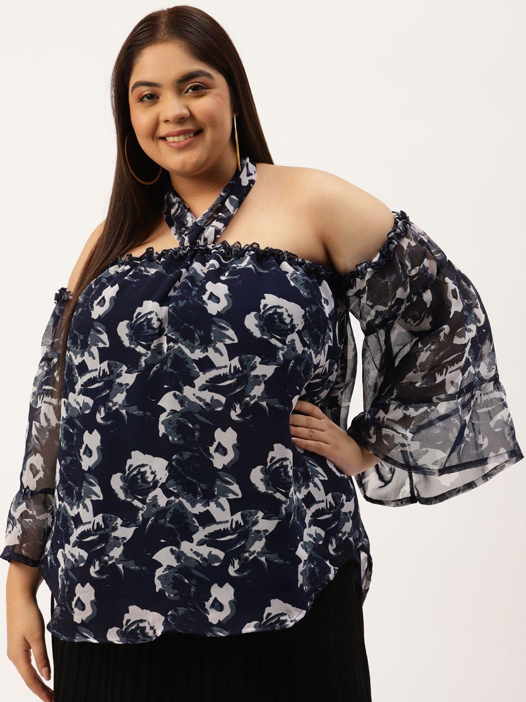 theRebelinme Plus Size Navy Blue & White Floral Print Georgette Longline Top