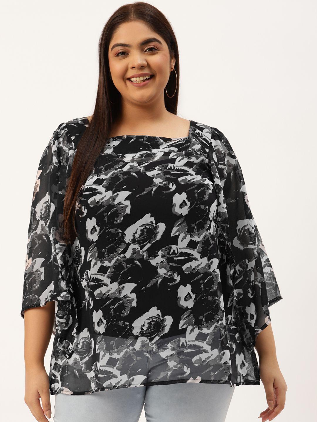 therebelinme-plus-size-black-&-grey-floral-print-georgette-longline-top