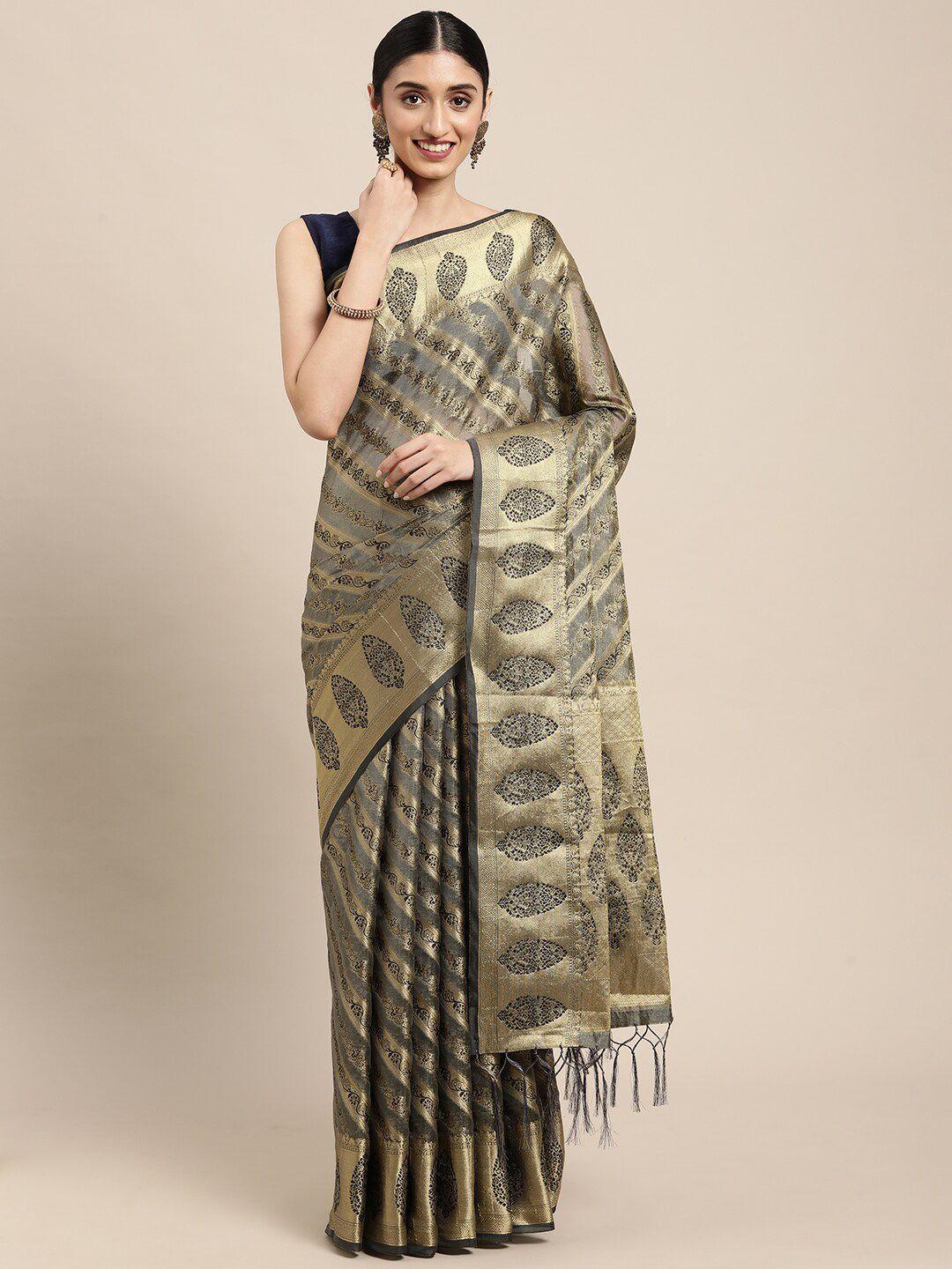 GAJARAI Grey & Gold-Toned Woven Design Zari Organza Banarasi Saree