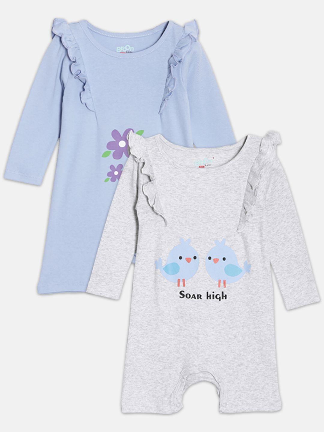 Broon Girls Grey & Blue Pack of 2 Printed Organic Cotton Rompers