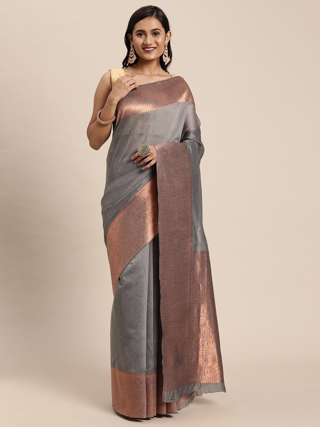 GAJARAI Grey & Copper-Toned Zari Silk Blend Banarasi Saree