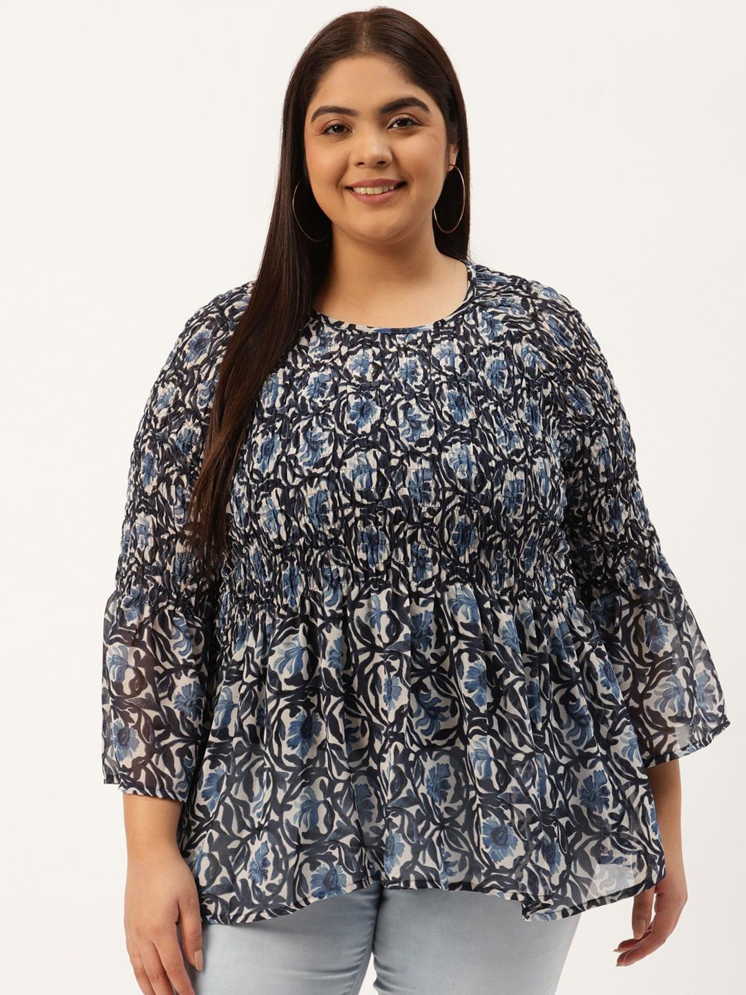 therebelinme-plus-size-off-white-&-blue-floral-print-smocked-georgette-longline-a-line-top