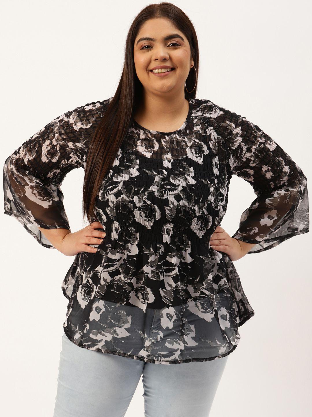 therebelinme-plus-size-black-&-grey-floral-print-smocked-georgette-a-line-top