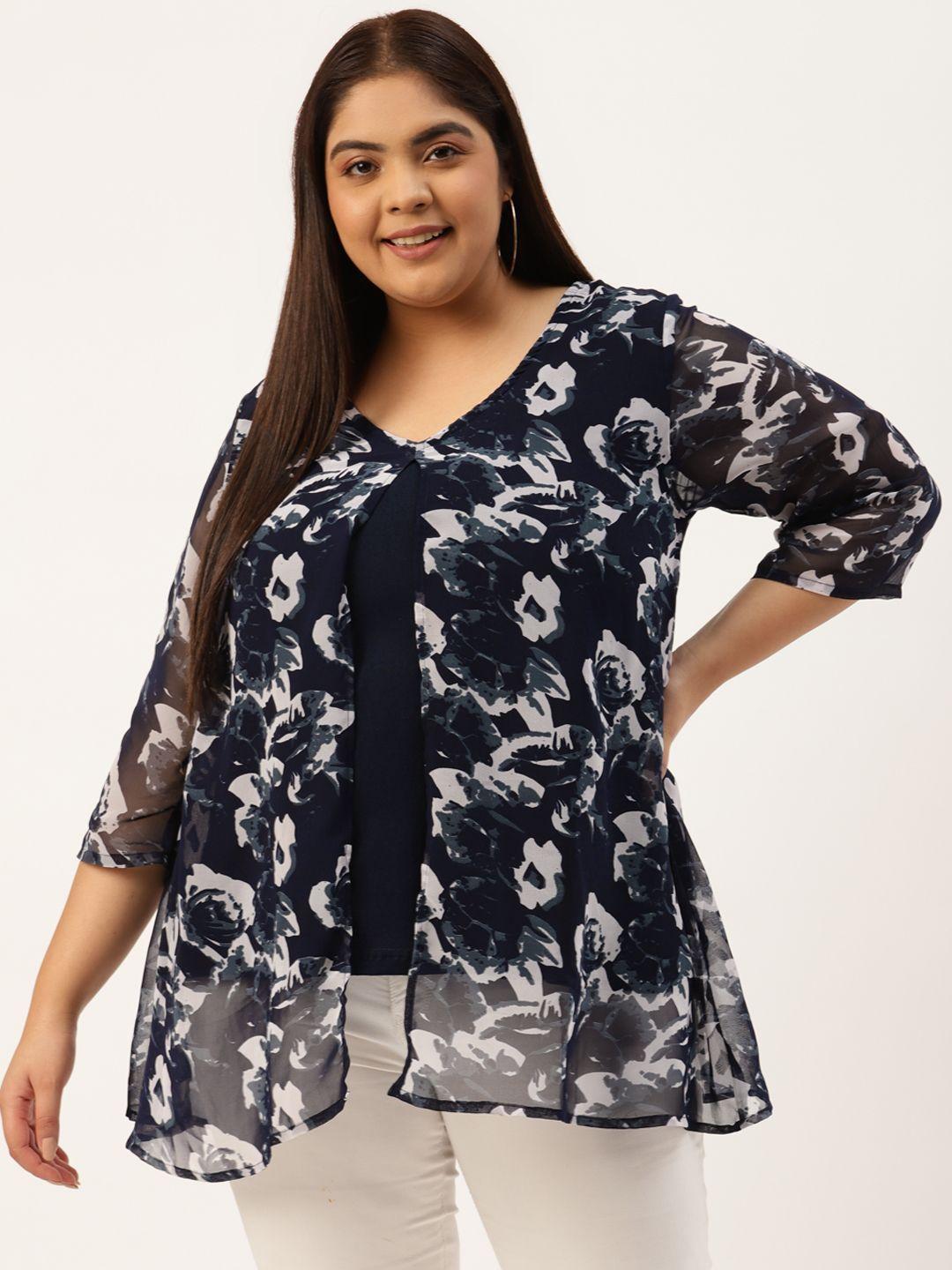 therebelinme-plus-size-navy-blue-&-grey-floral-print-layered-georgette-longline-a-line-top