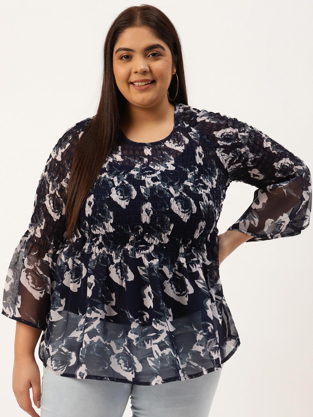 therebelinme-plus-size-navy-blue-&-grey-floral-print-smocked-georgette-a-line-top