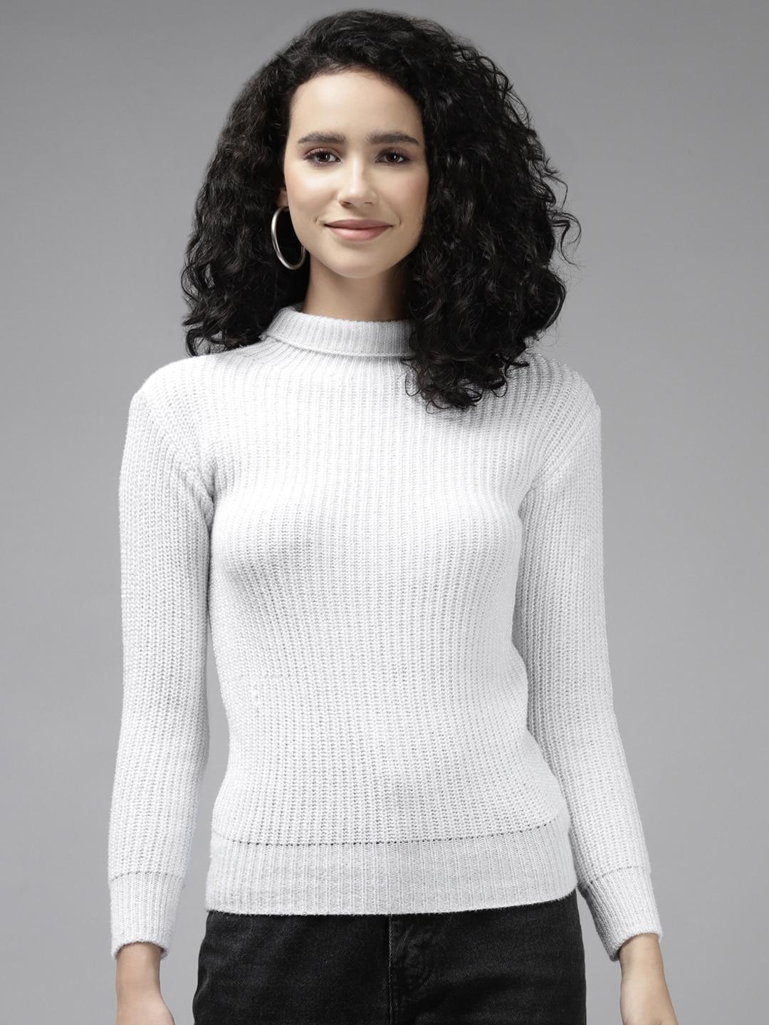 Cayman Women White Ribbed Wool Pullover