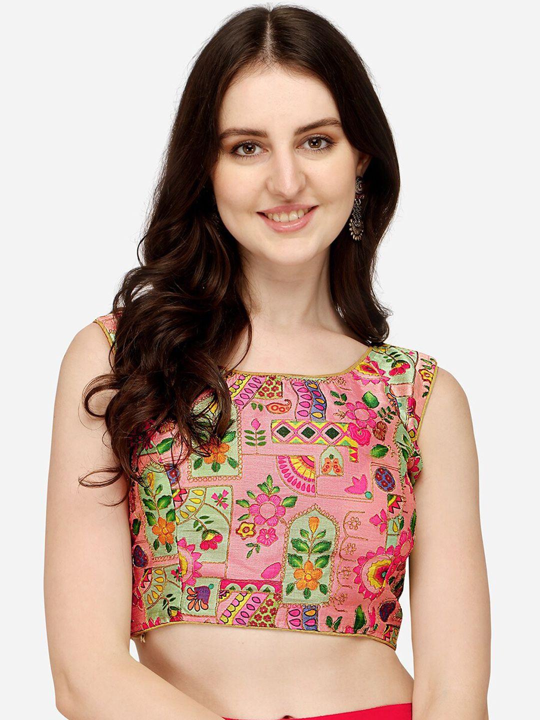 PUJIA MILLS Women Pink & Green Digital Printed Embroidered Saree Blouse