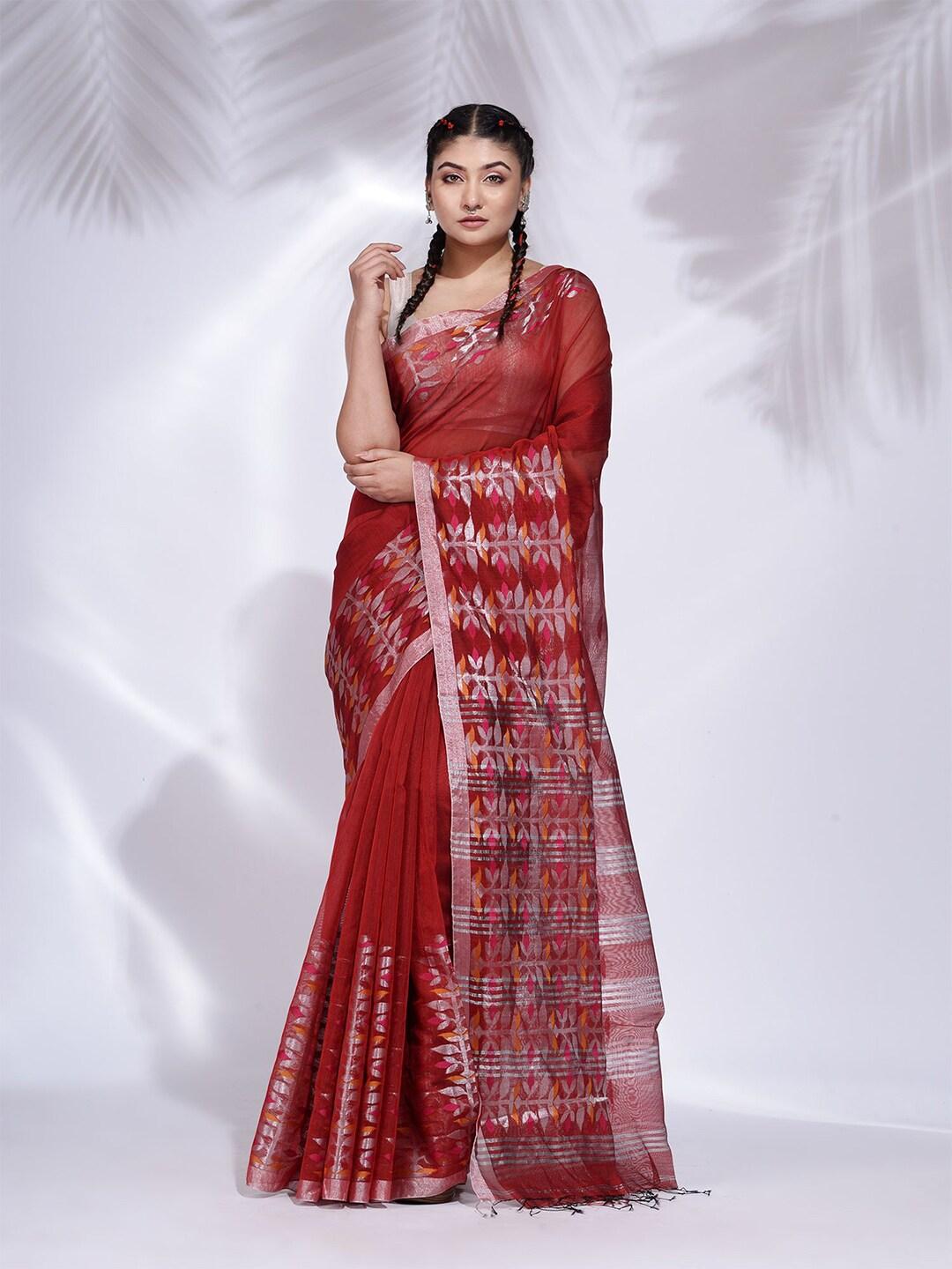 Charukriti Women Red & Silver-Toned Solid Woven Design Saree
