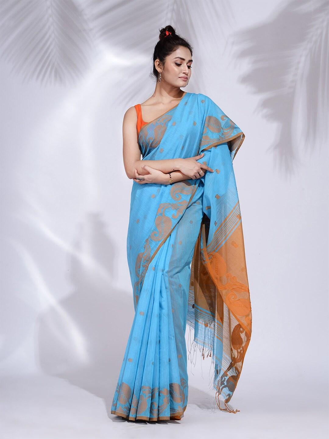 Charukriti Women Blue & Orange Woven Design Pure Cotton Saree with Kolka Border