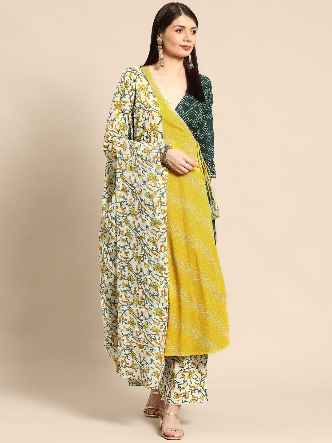 anayna Women Yellow Bandhani Printed Angrakha Pure Cotton Kurta with Trousers & Dupatta