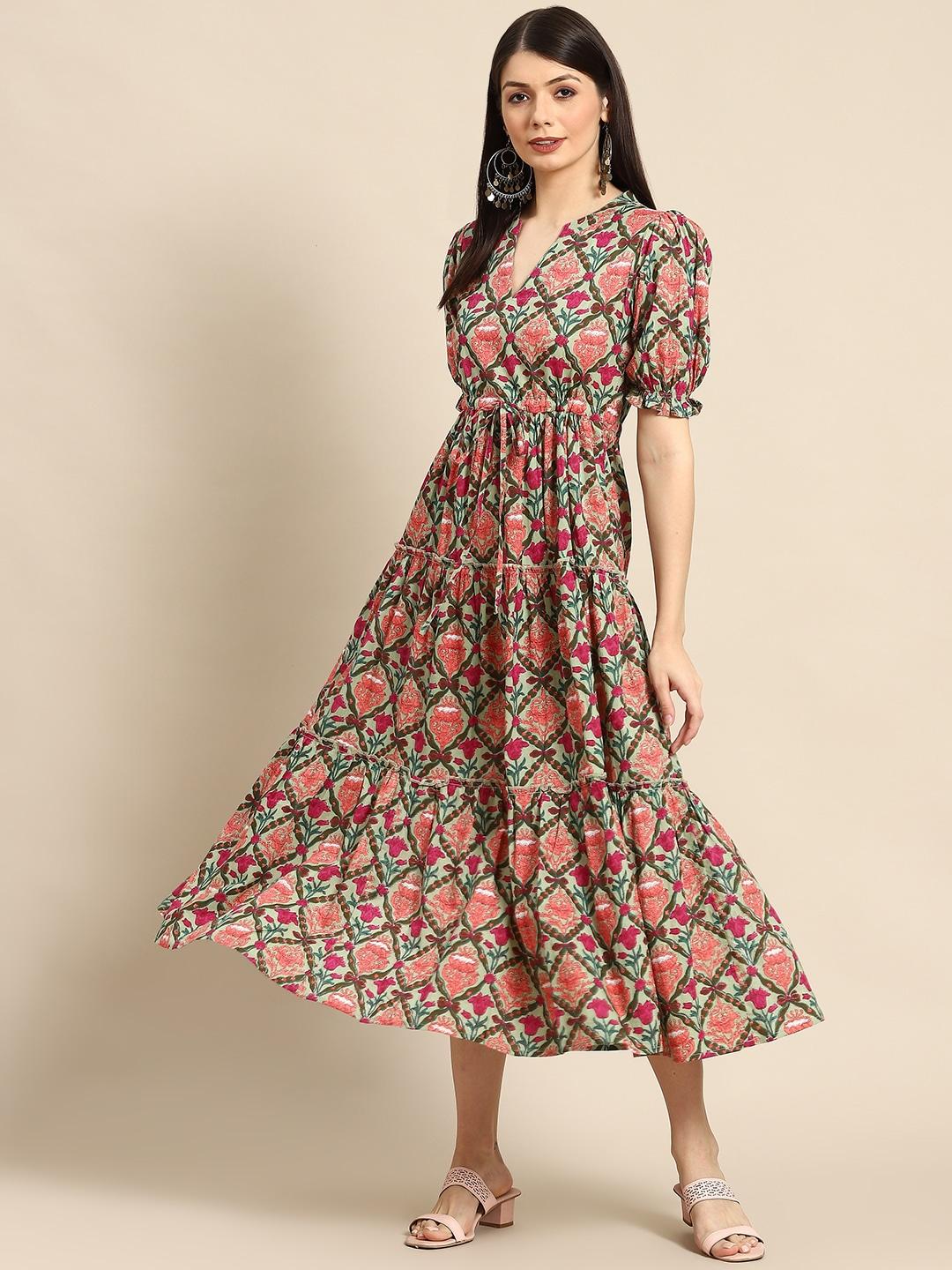 anayna Green & Pink Ethnic Motifs Printed Tiered Pure Cotton A-Line Midi Dress