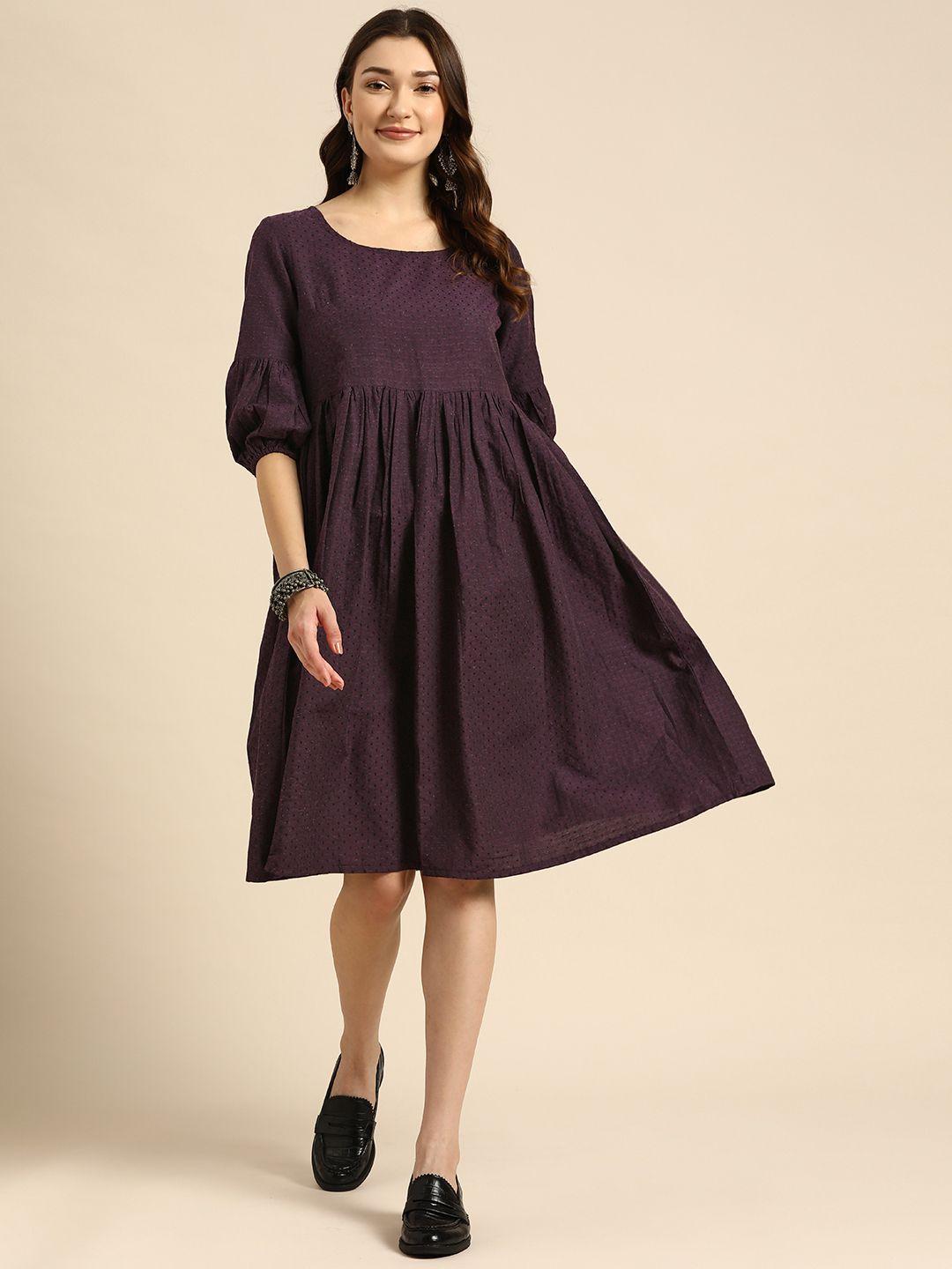 Sangria Purple Woven Design A-Line Ethnic Dress