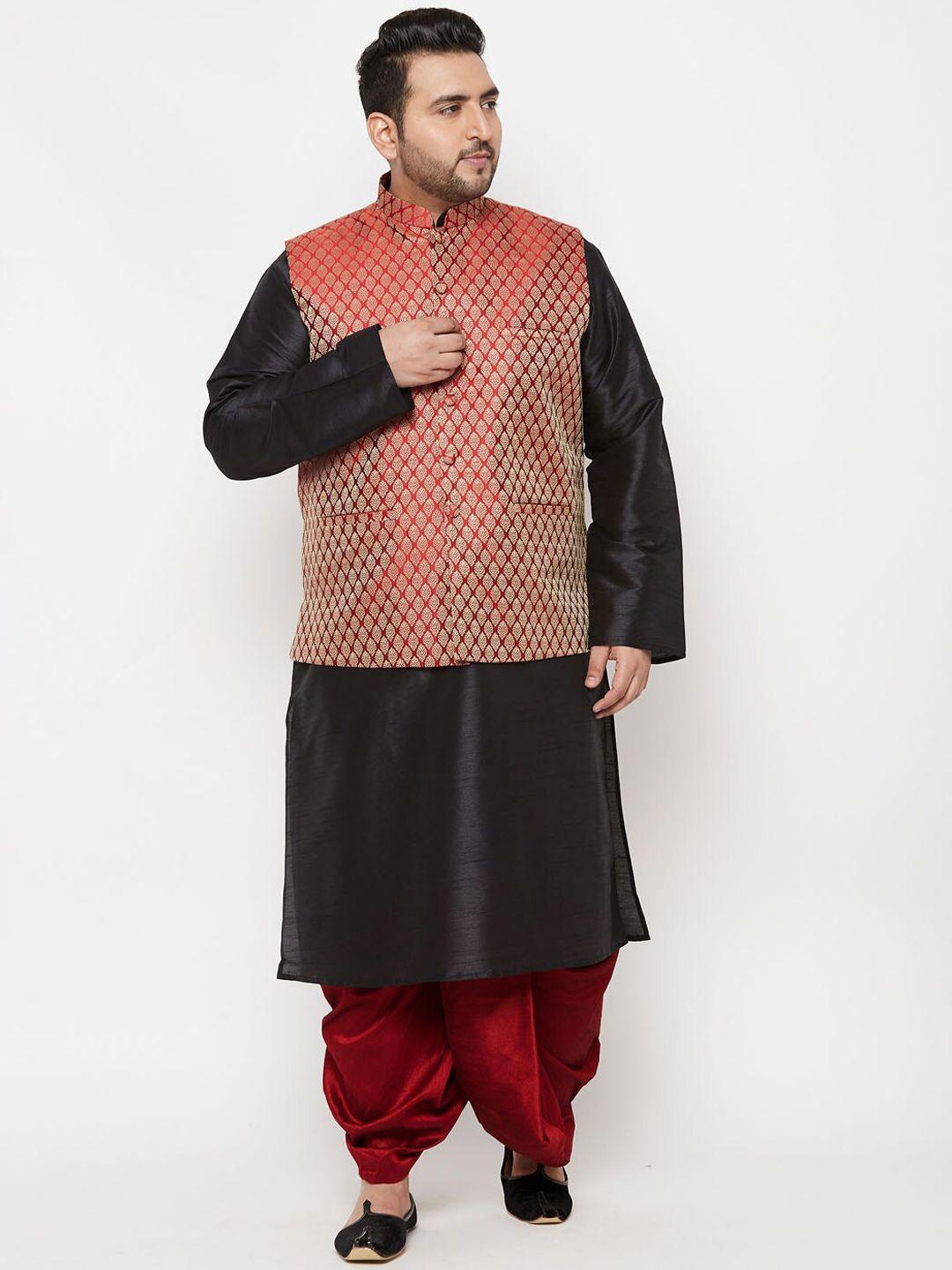 vastramay-plus-plus-size-men-black-kurta-with-dhoti-pants-&-nehru-jacket