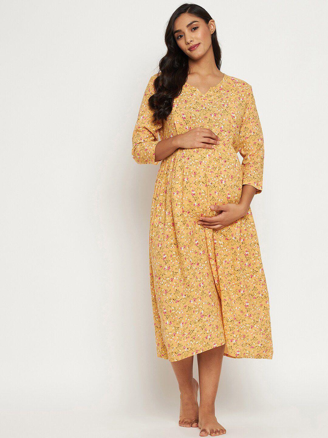 hypernation-women-yellow-printed-maternity-nightdress