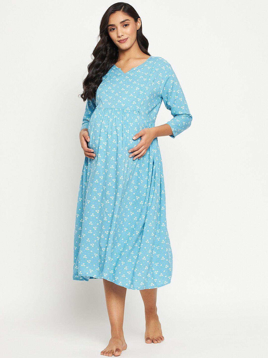 hypernation-women-blue-printed-maternity-nightdress