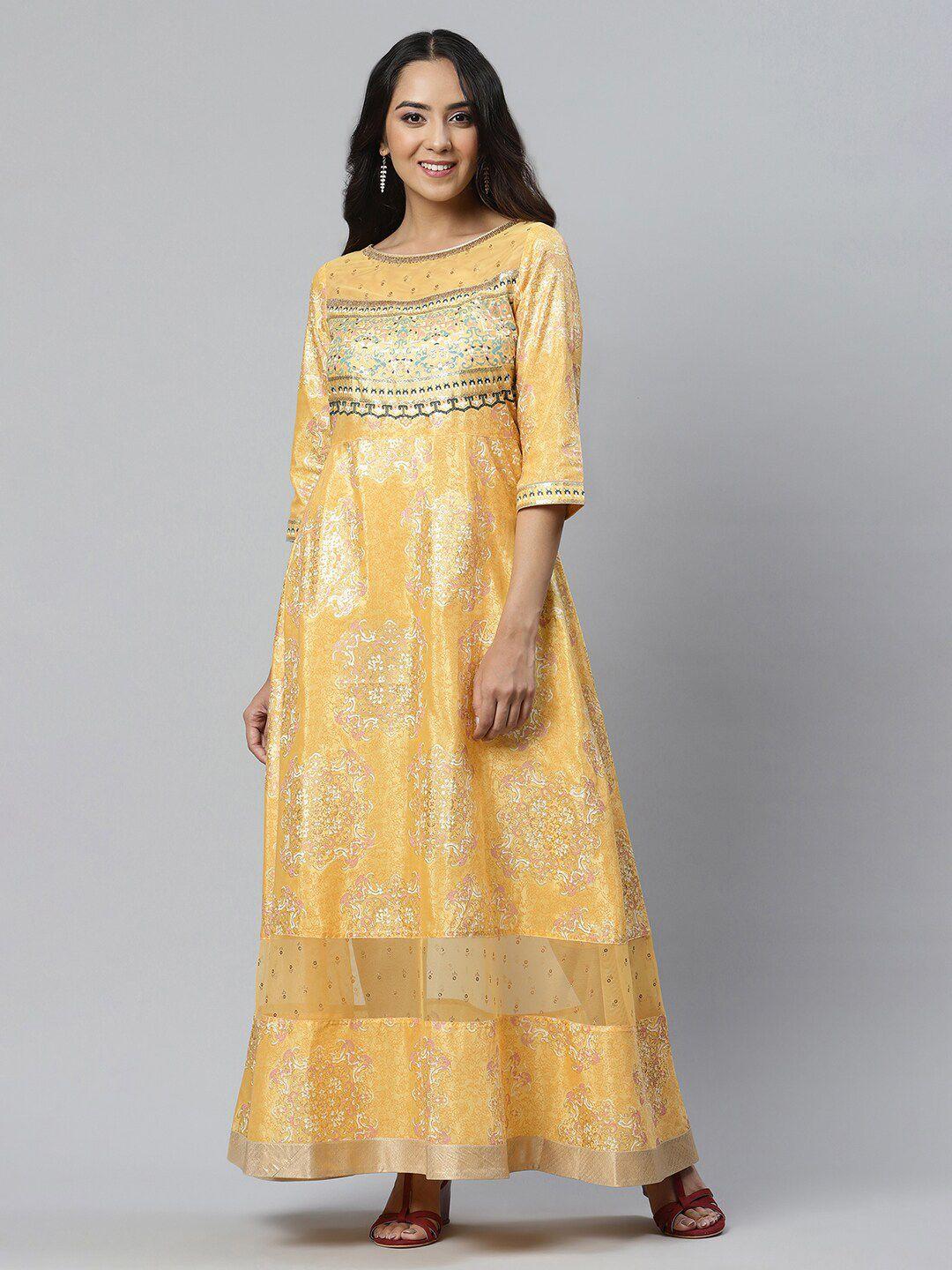 AURELIA Yellow Ethnic Motifs Satin Maxi Dress