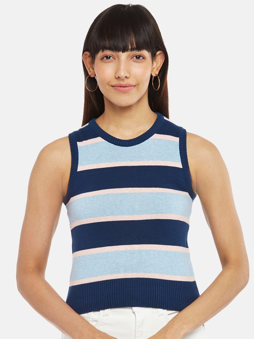 people-women-blue-&-navy-blue-striped-colourblock-top