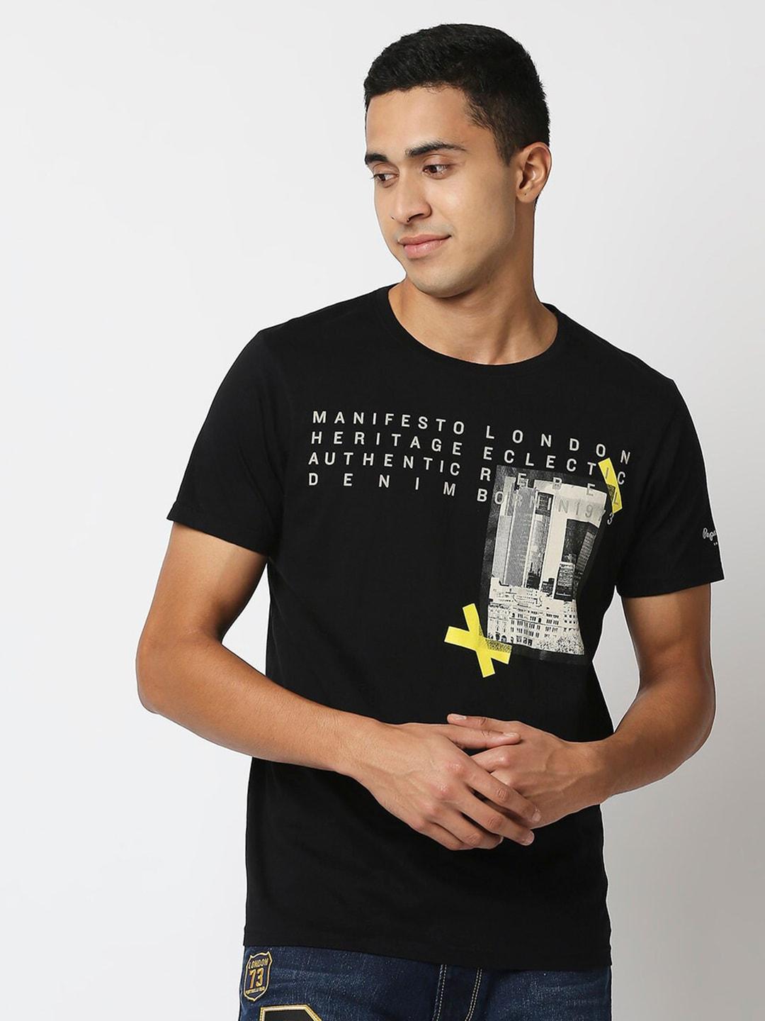 Pepe Jeans Men Black Typography Printed Slim Fit T-shirt