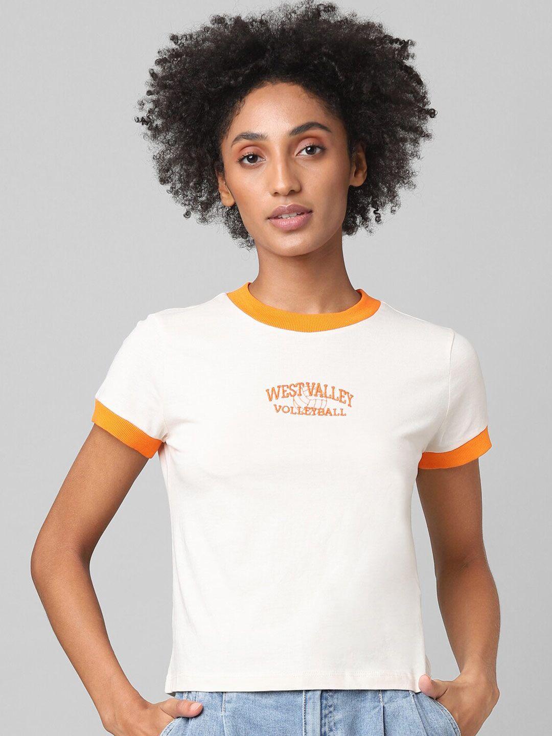 only-women-white-&-orange-typography-printed-cotton-t-shirt