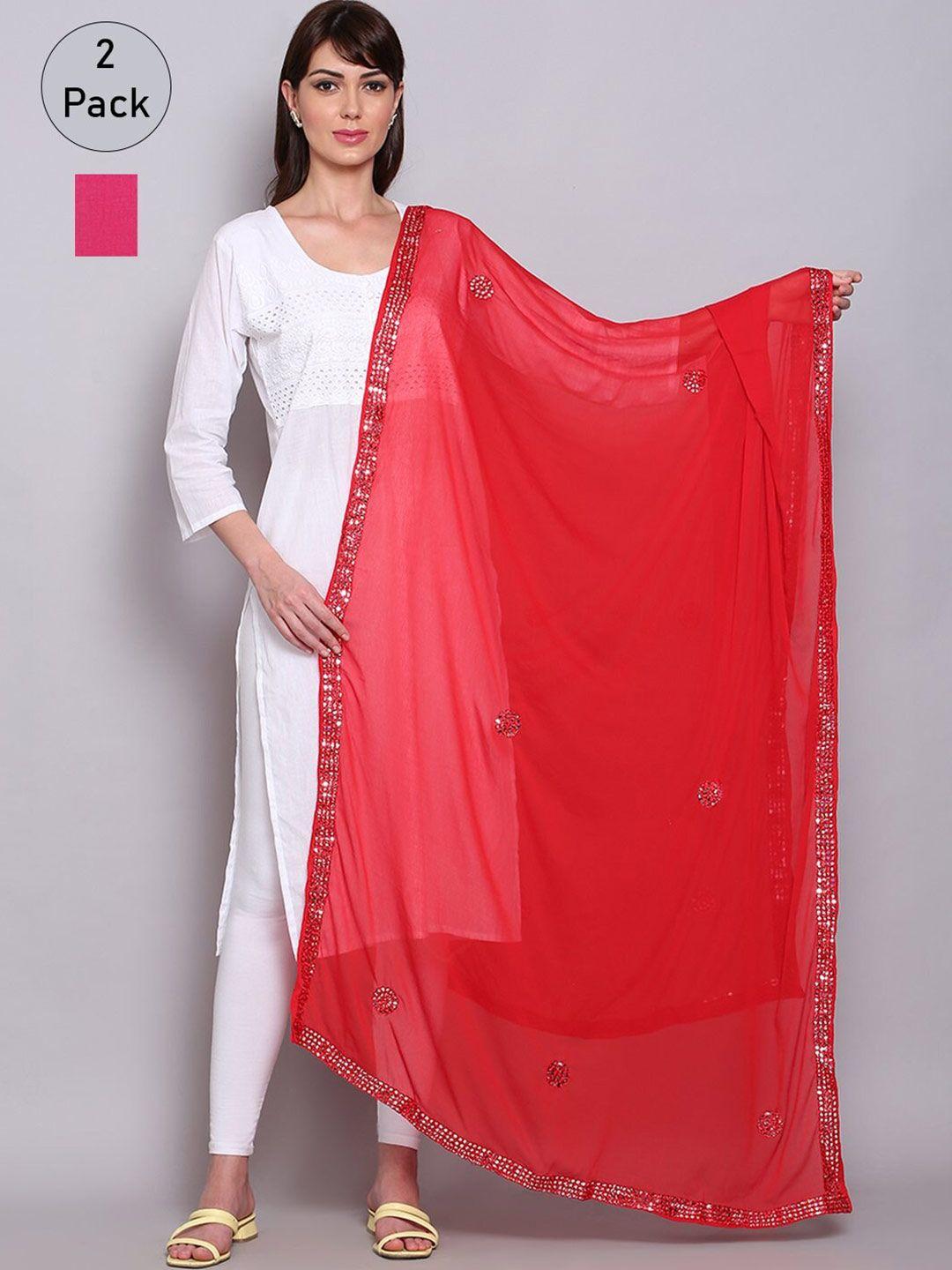 miaz-lifestyle-pack-of-2-pink-&-red-ethnic-motifs-dupatta-with-mirror-work