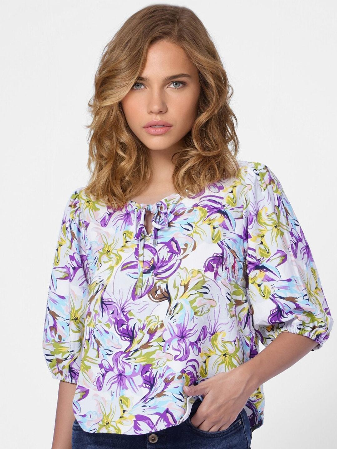 ONLY White Women Floral Print Tie-Up Neck Blouson Top