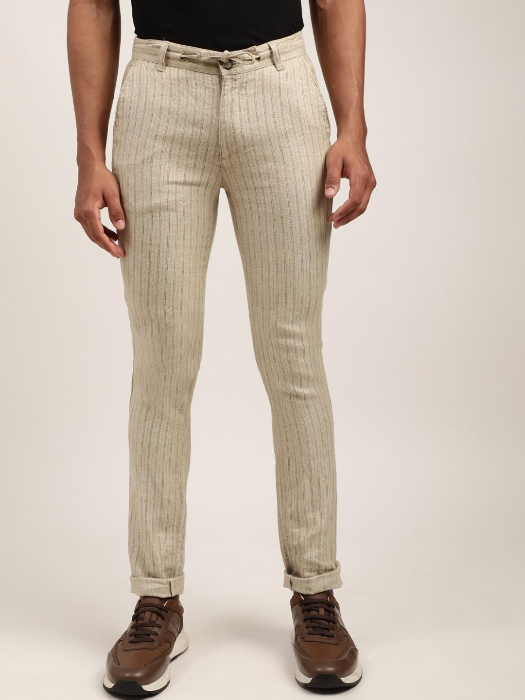 harsam-men-beige-striped-trousers