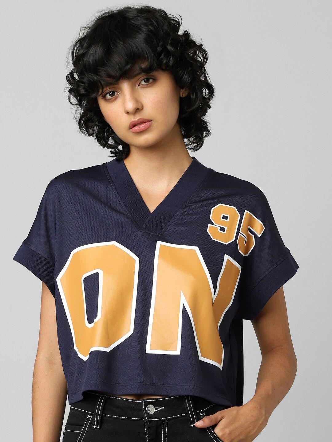 only-women-navy-blue-&-yellow-typography-printed-v-neck-boxy-t-shirt