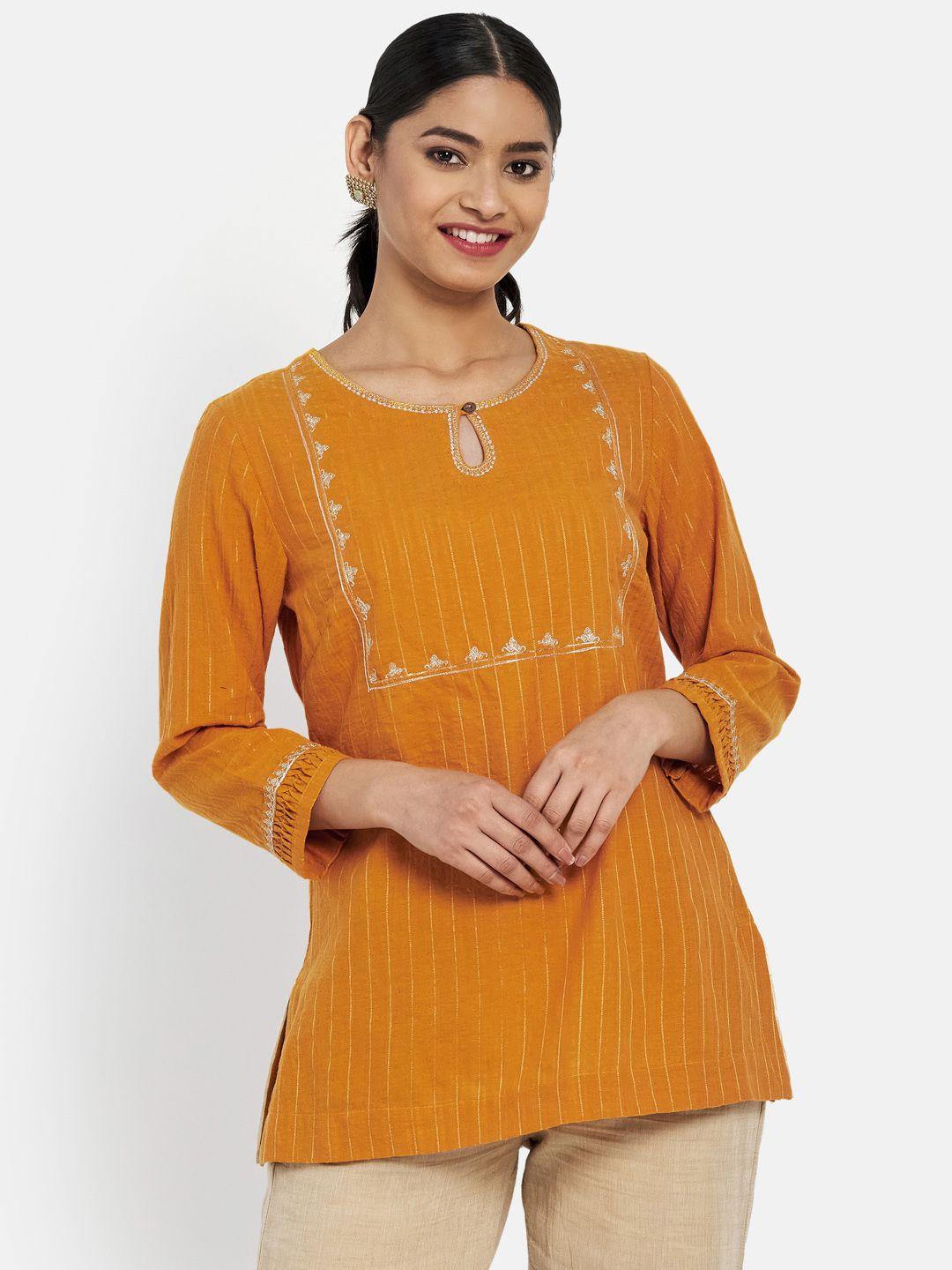 fabindia-mustard-yellow-&-golden-striped-pure-cotton-thread-work-kurti