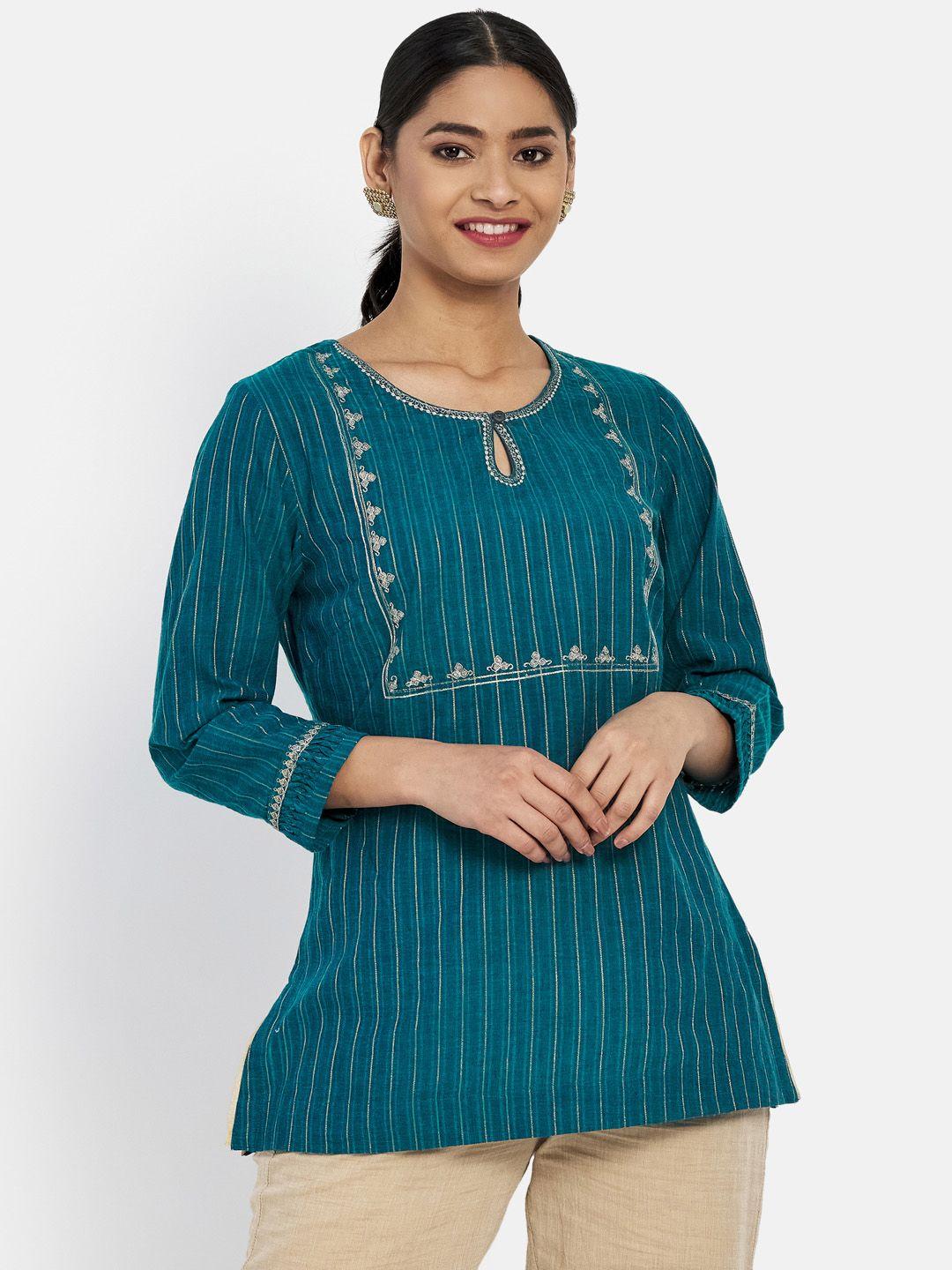 fabindia-teal-green-&-golden-embroidered-kurti