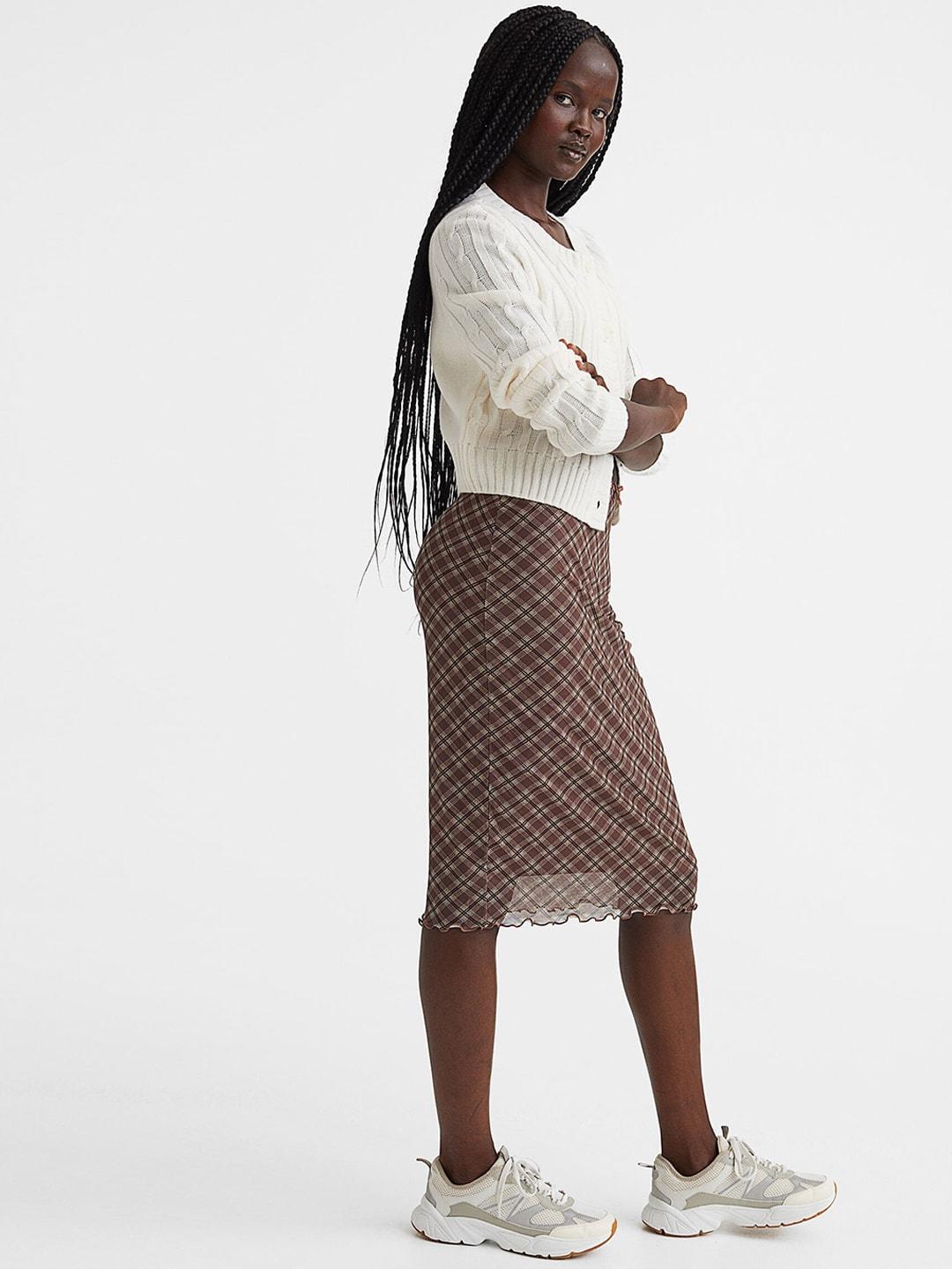 H&M Women Brown Checked Mesh Skirt