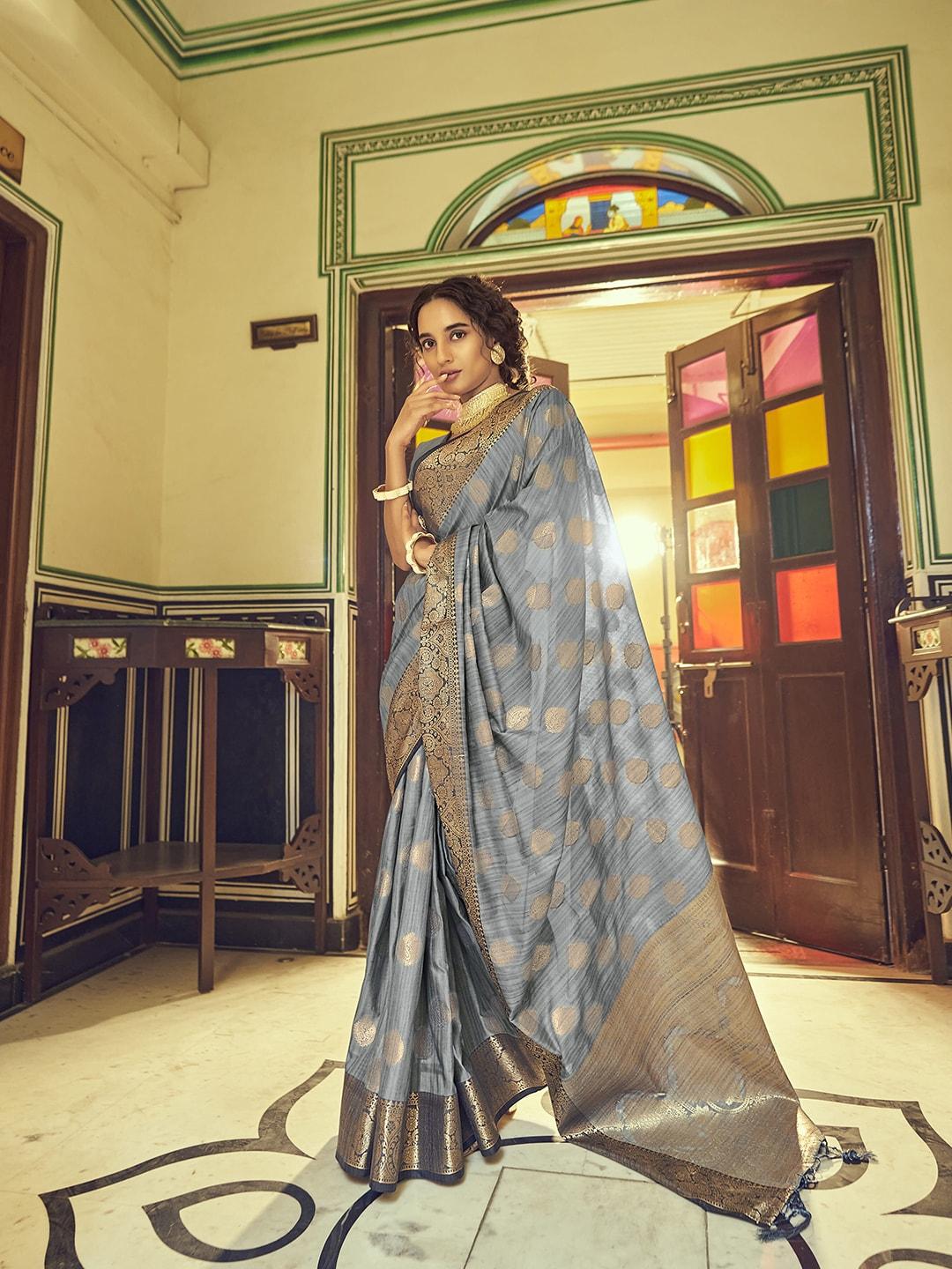 elora-women-grey-&-gold-toned-woven-design-silk-blend-banarasi-saree
