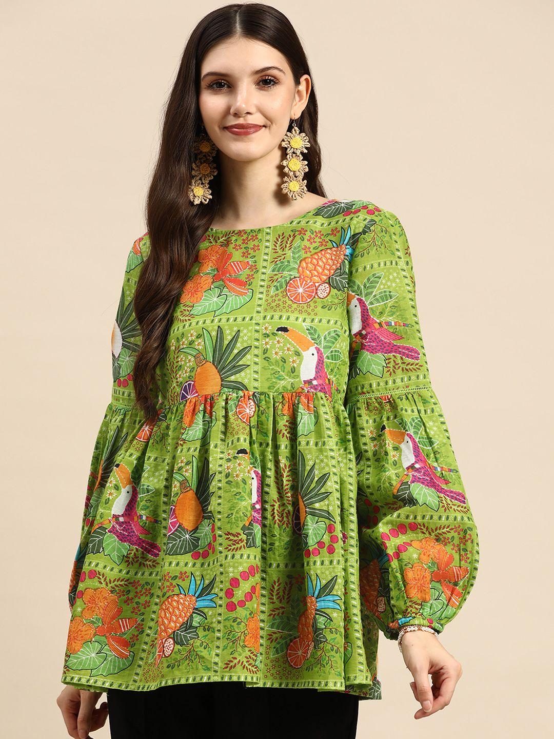 sangria-green-&-pink-floral-print-cotton-cinched-waist-top