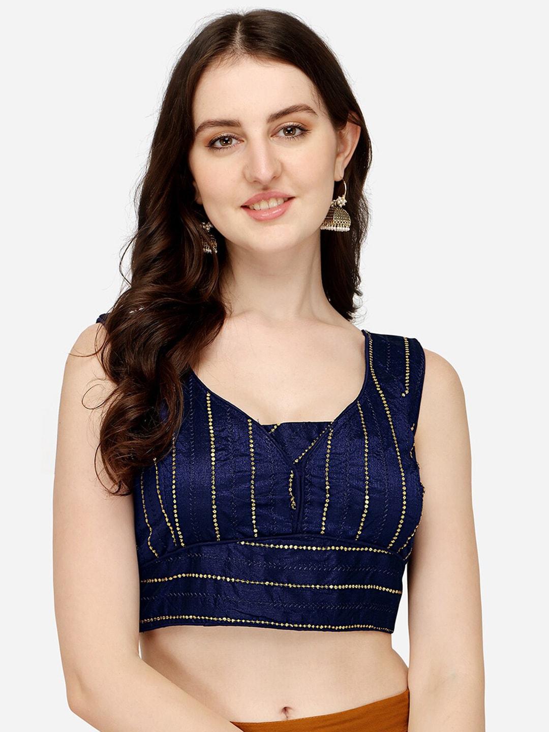 Sumaira Tex Women Navy Blue Embroidered Padded Saree Blouse