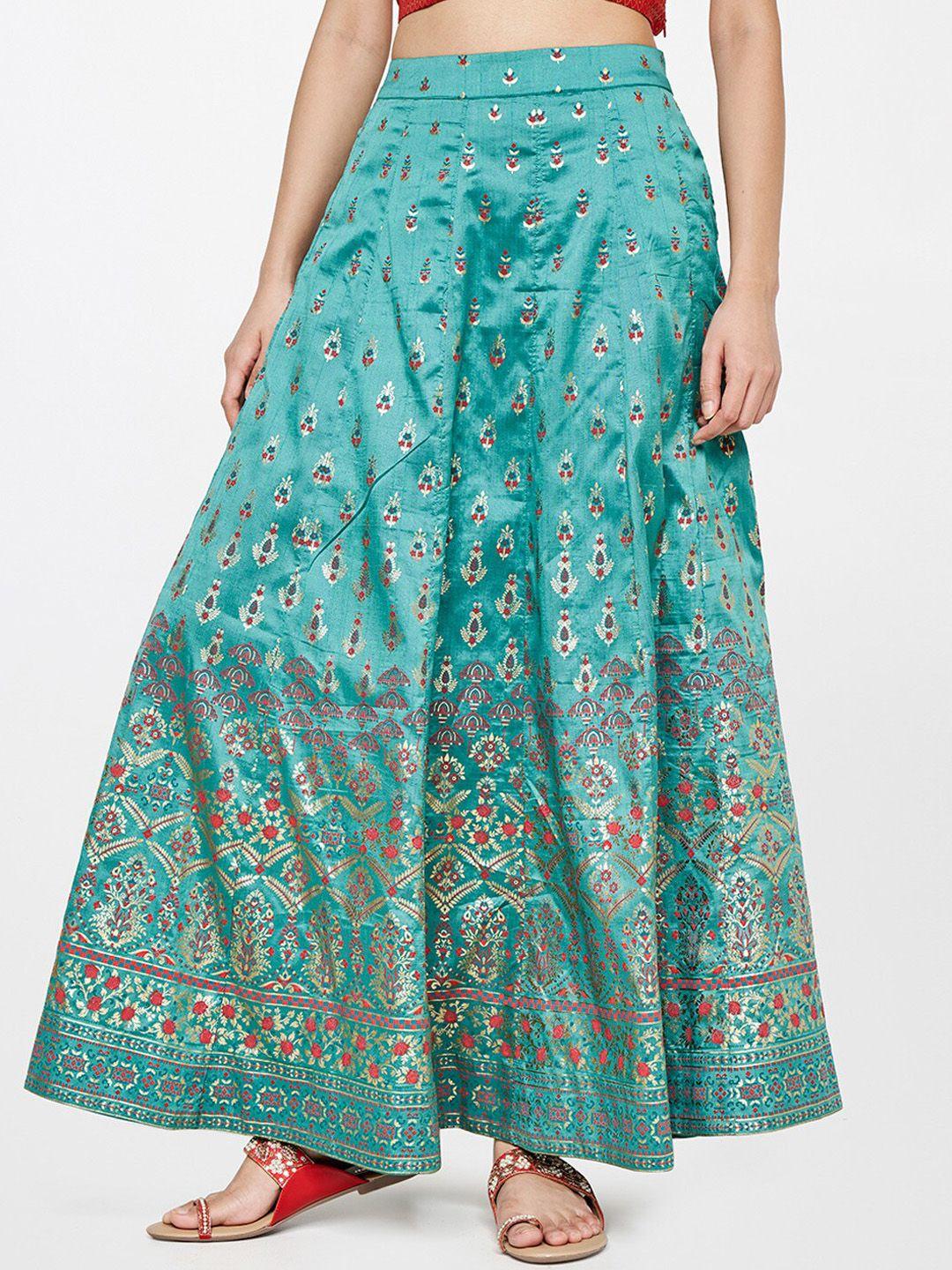 Global Desi Women Teal Blue Printed Maxi Flared Skirts
