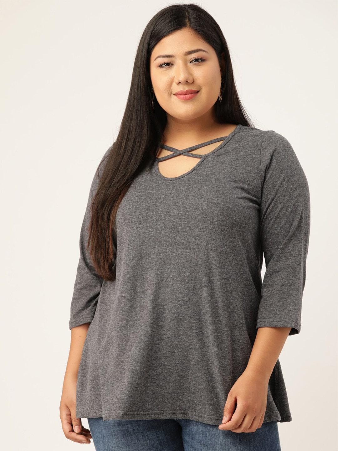 theRebelinme Plus Size Women Charcoal Solid Cut-Out Neck Top