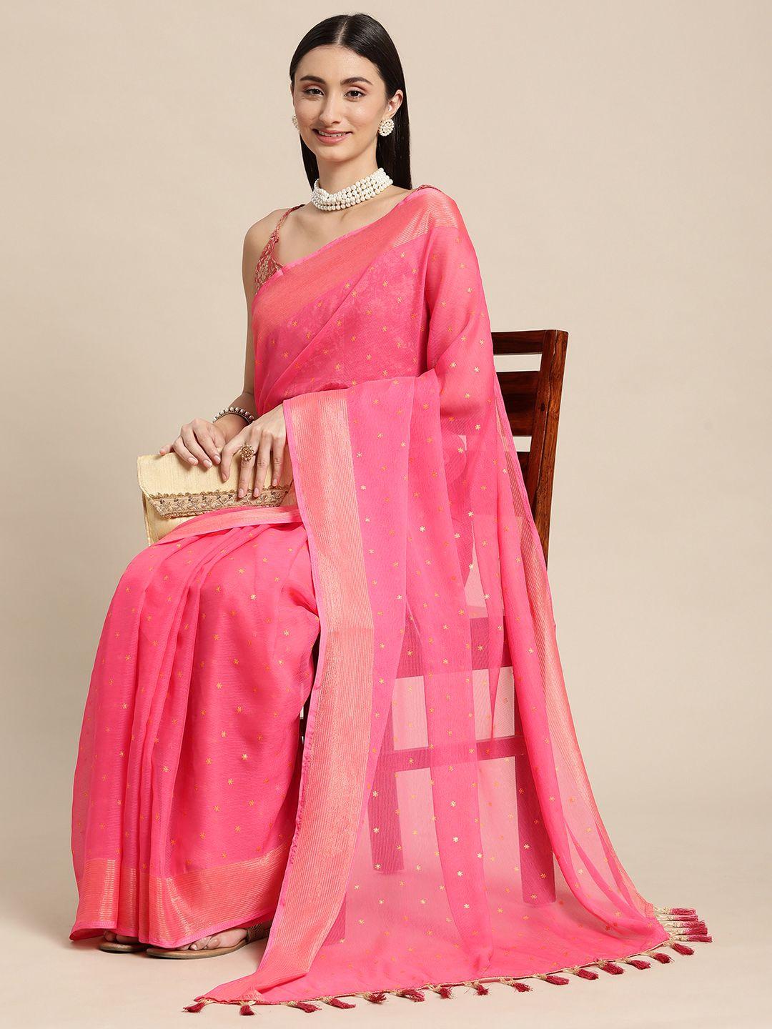 Mitera Pink & Gold-Toned Floral Zari Pure Chiffon Saree