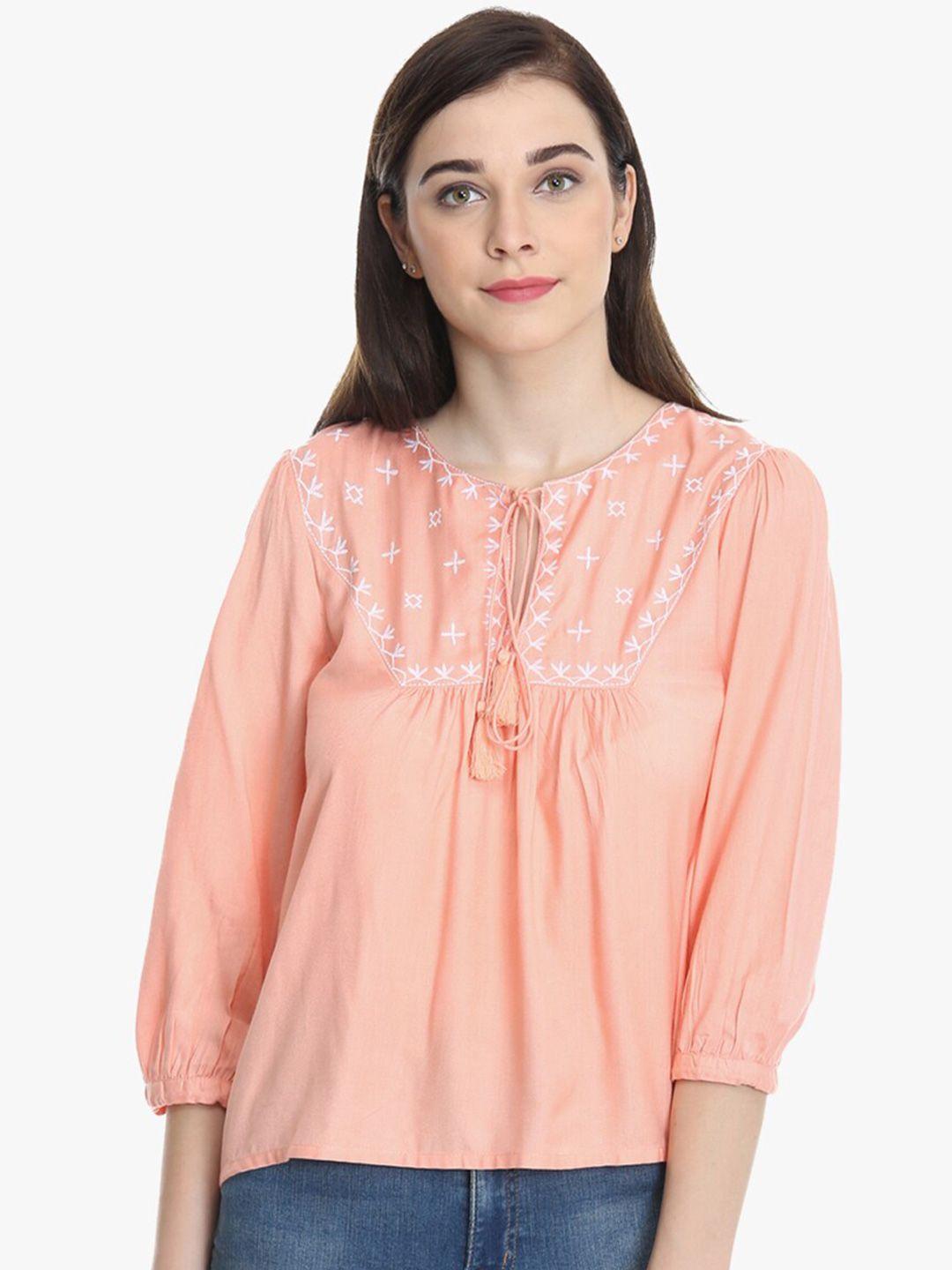 DODO & MOA Peach-Coloured Floral Embroidered Tie-Up Neck Peplum Top