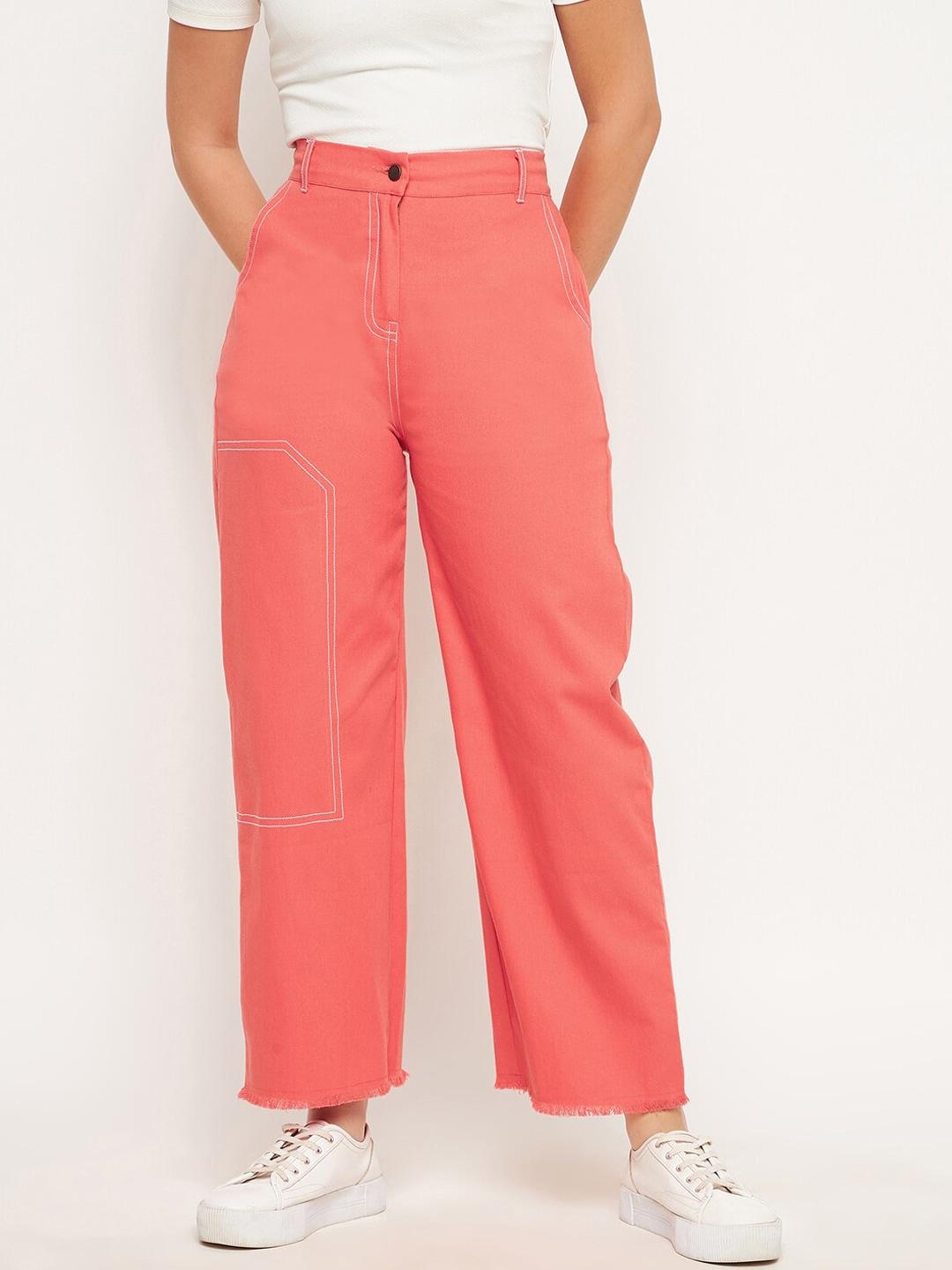 WineRed Women Peach-Coloured Smart Straight Fit High-Rise Easy Wash Trousers