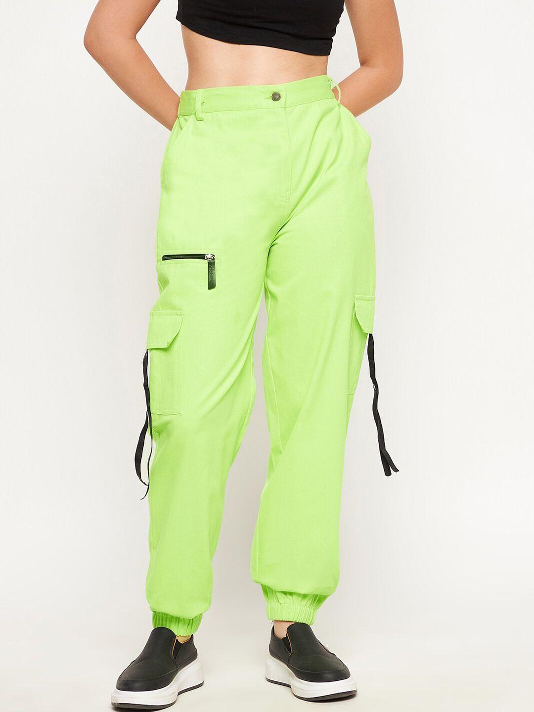 WineRed Women Lime Green Smart High-Rise Easy Wash Cargos Trousers