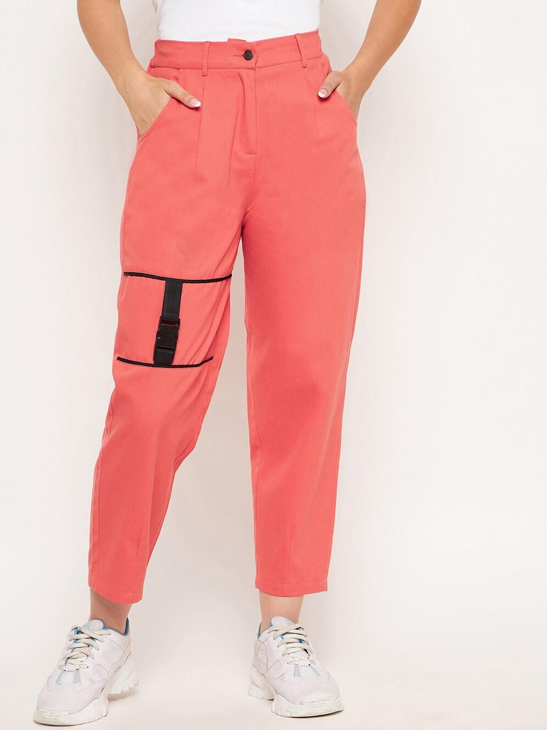 WineRed Women Peach-Coloured Smart High-Rise Easy Wash Pleated Trouser with Buckle