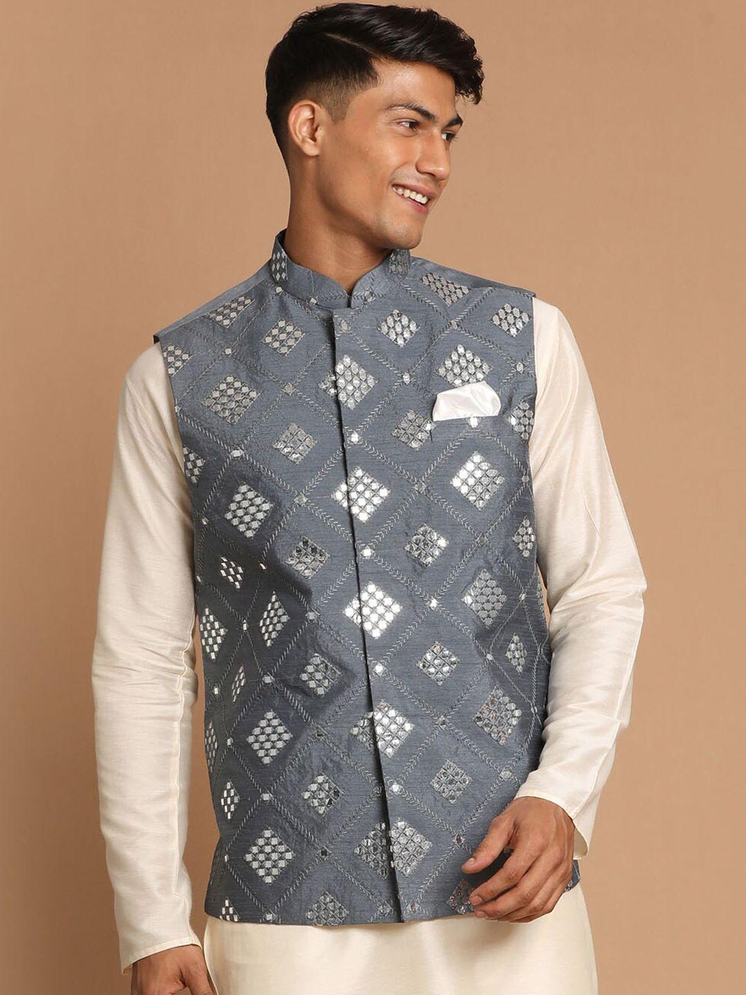 VASTRAMAY Men Grey Mirror Embellished Woven Slim Fit Nehru Jackets