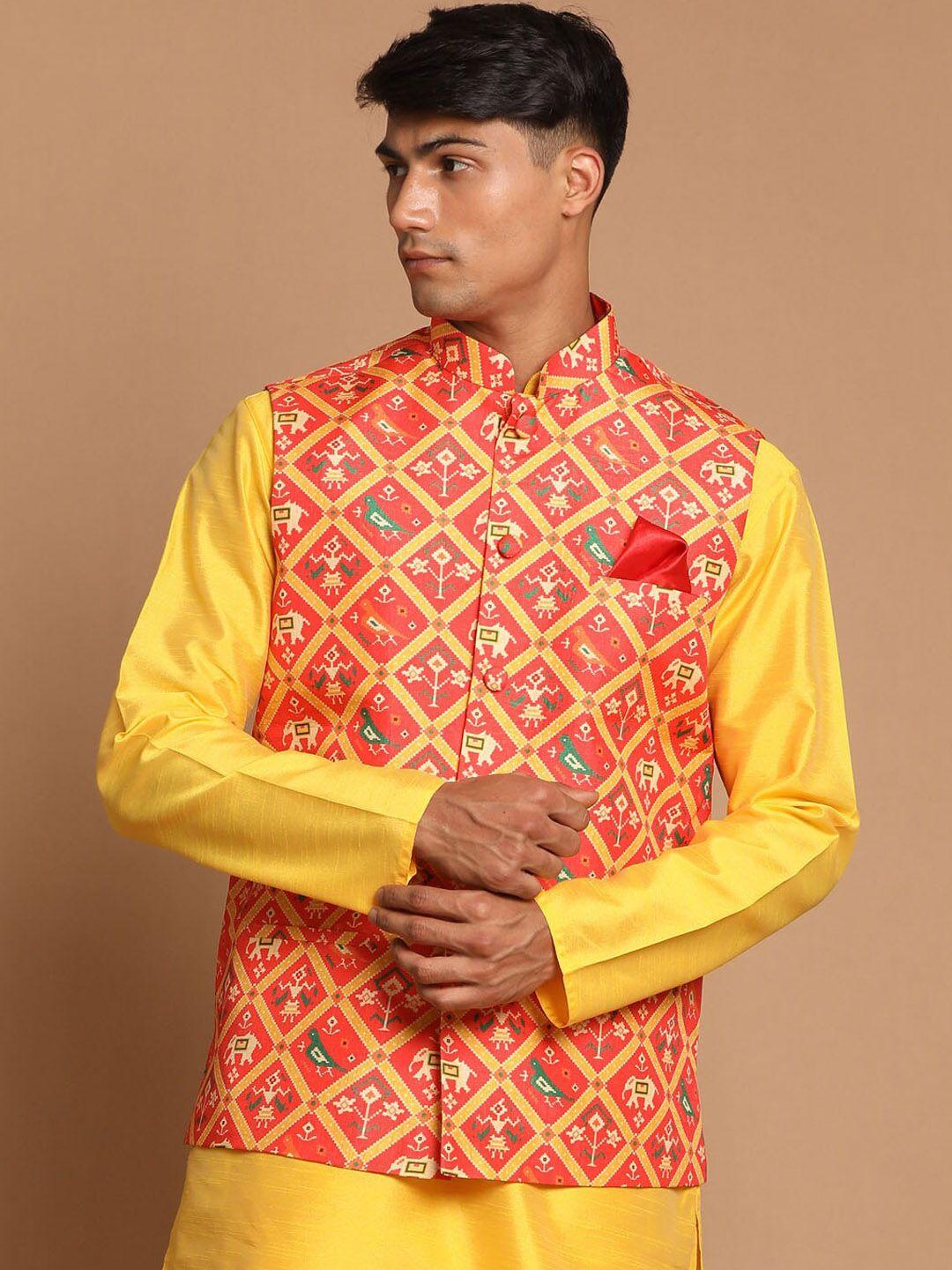 VASTRAMAY Men Red & Yellow Patola Printed Satin Slim-Fit Nehru Jacket