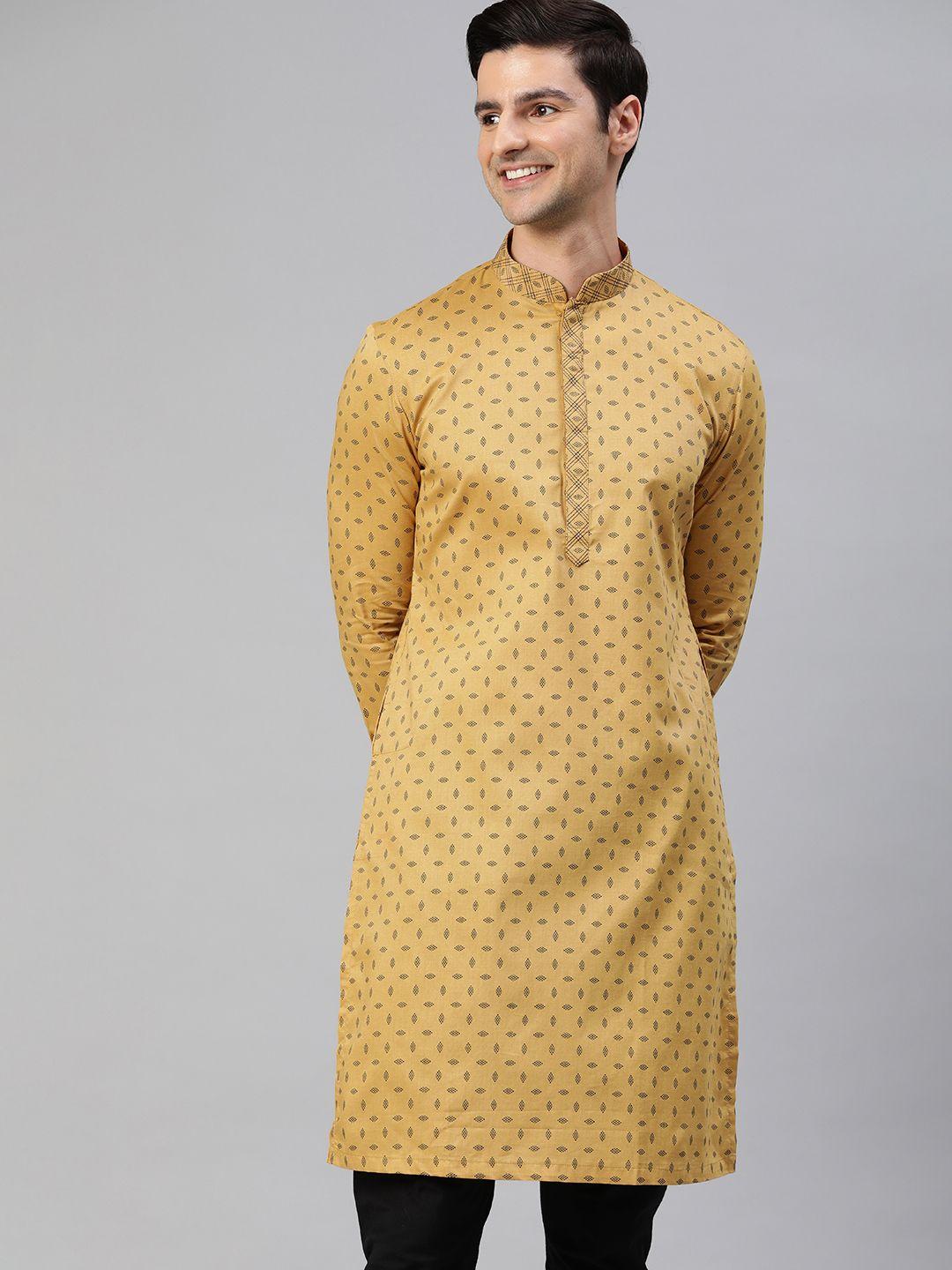 manthan-men-yellow-geometric-printed-straight-mandarin-collar-kurta